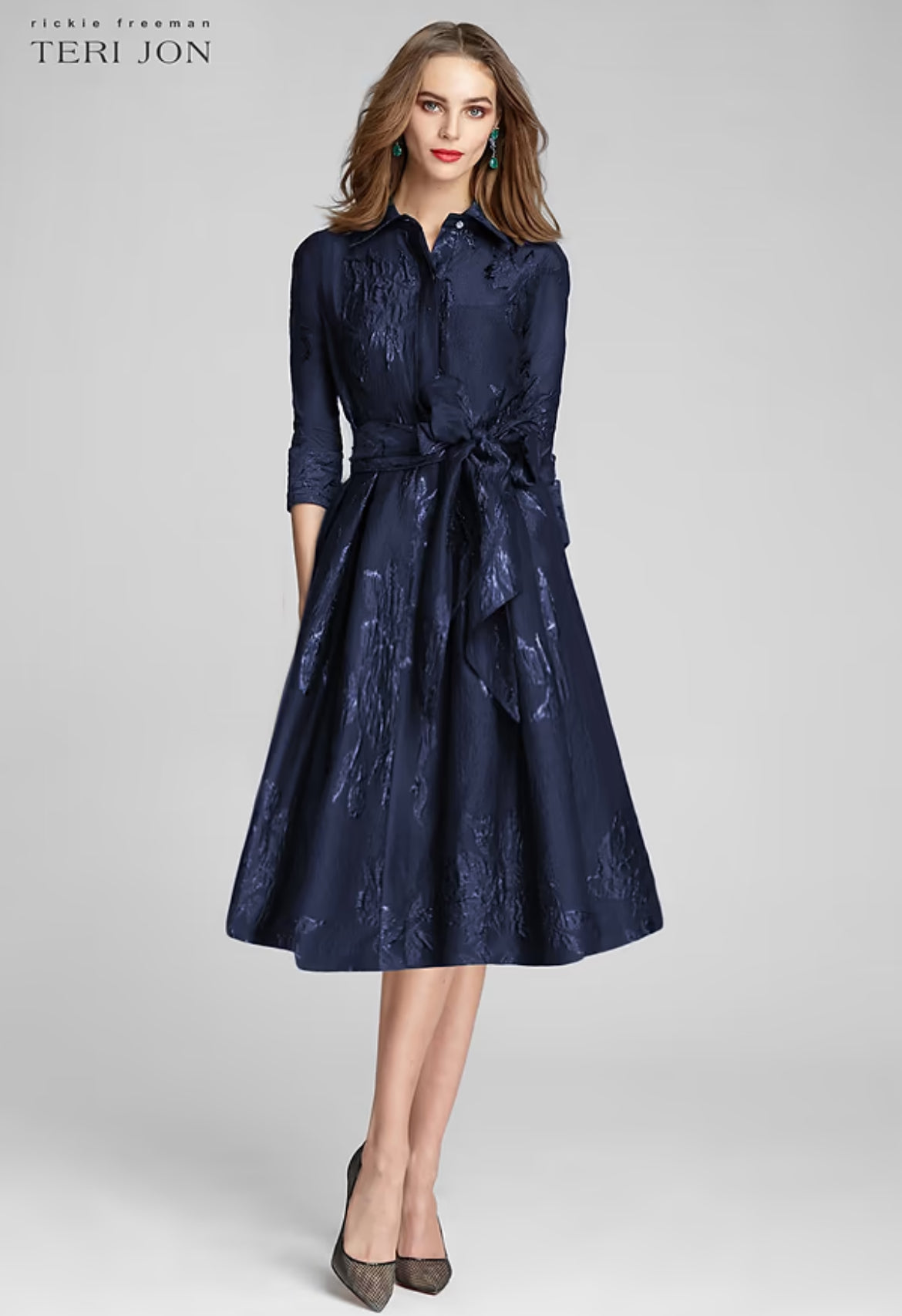 TERI JON - Metallic Jacquard Dress in Navy