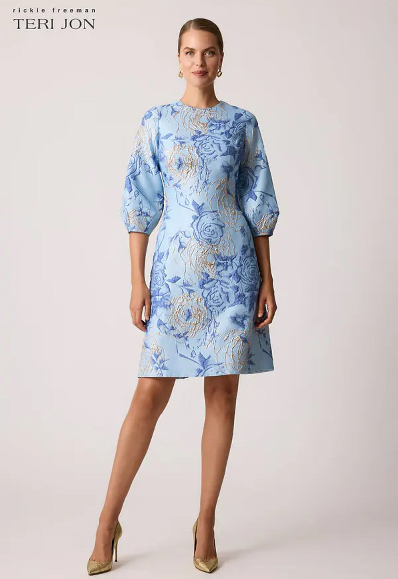 TERI JON - Jacquard Elbow Sleeve Fit And Flare Dress in Light Blue Mul Bernstein & Gold TERI JON - Jacquard Elbow Sleeve Fit And Flare Dress in Light Blue Mul Bernstein & Gold