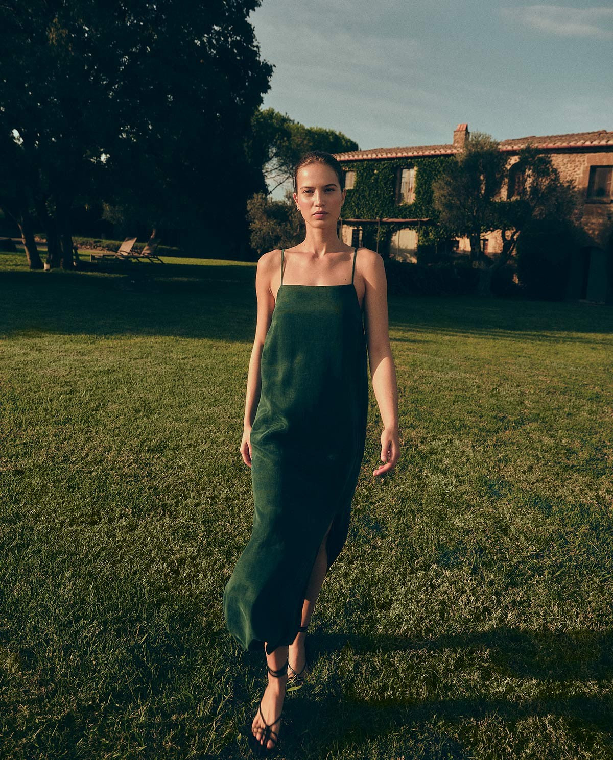 YERSE - Long Spaghetti Strap Dress in Green