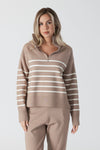 Lyla & Luxe - Bobbi - Striped Quarter Zip Sweater in Caramel/White Stripe