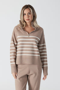 Lyla & Luxe - Bobbi - Striped Quarter Zip Sweater in Caramel/White Stripe