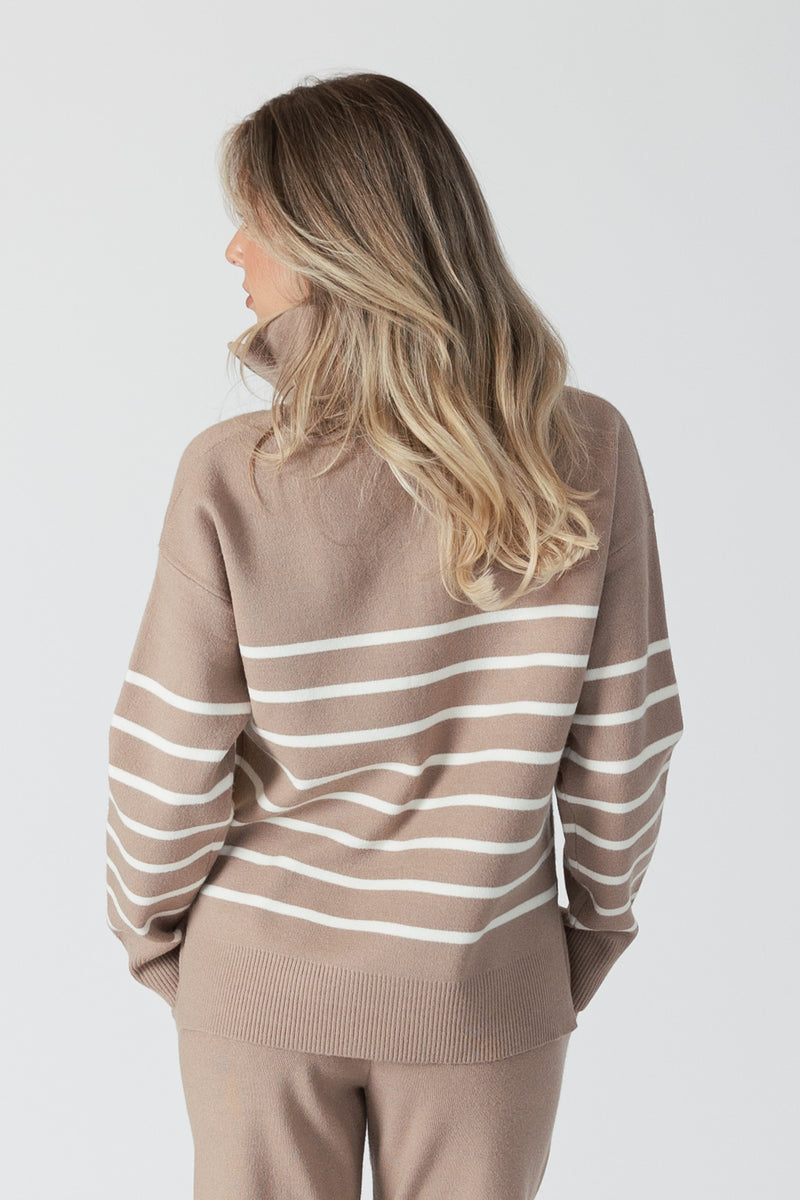 Lyla & Luxe - Bobbi - Striped Quarter Zip Sweater in Caramel/White Stripe