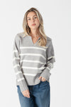 Lyla & Luxe - Brooke - Striped Collar Pullover in Grey Marl/White Stripe