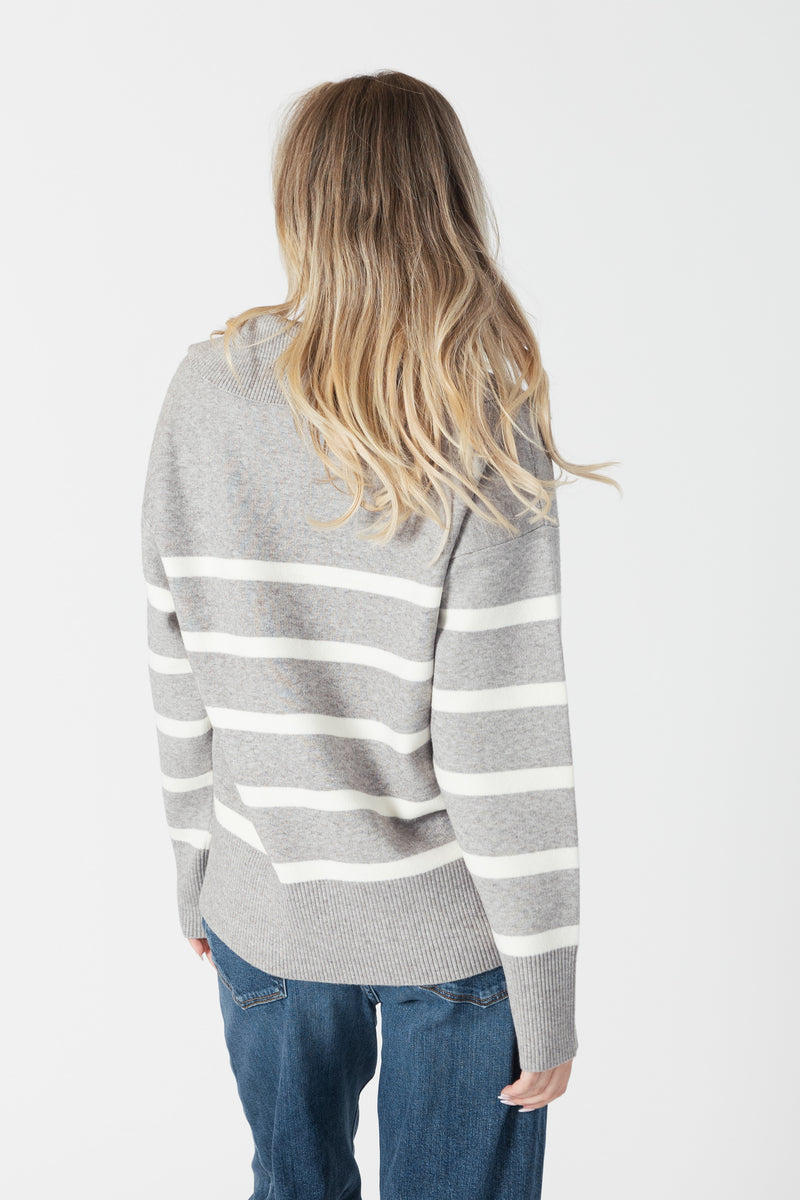 Lyla & Luxe - Brooke - Striped Collar Pullover in Grey Marl/White Stripe