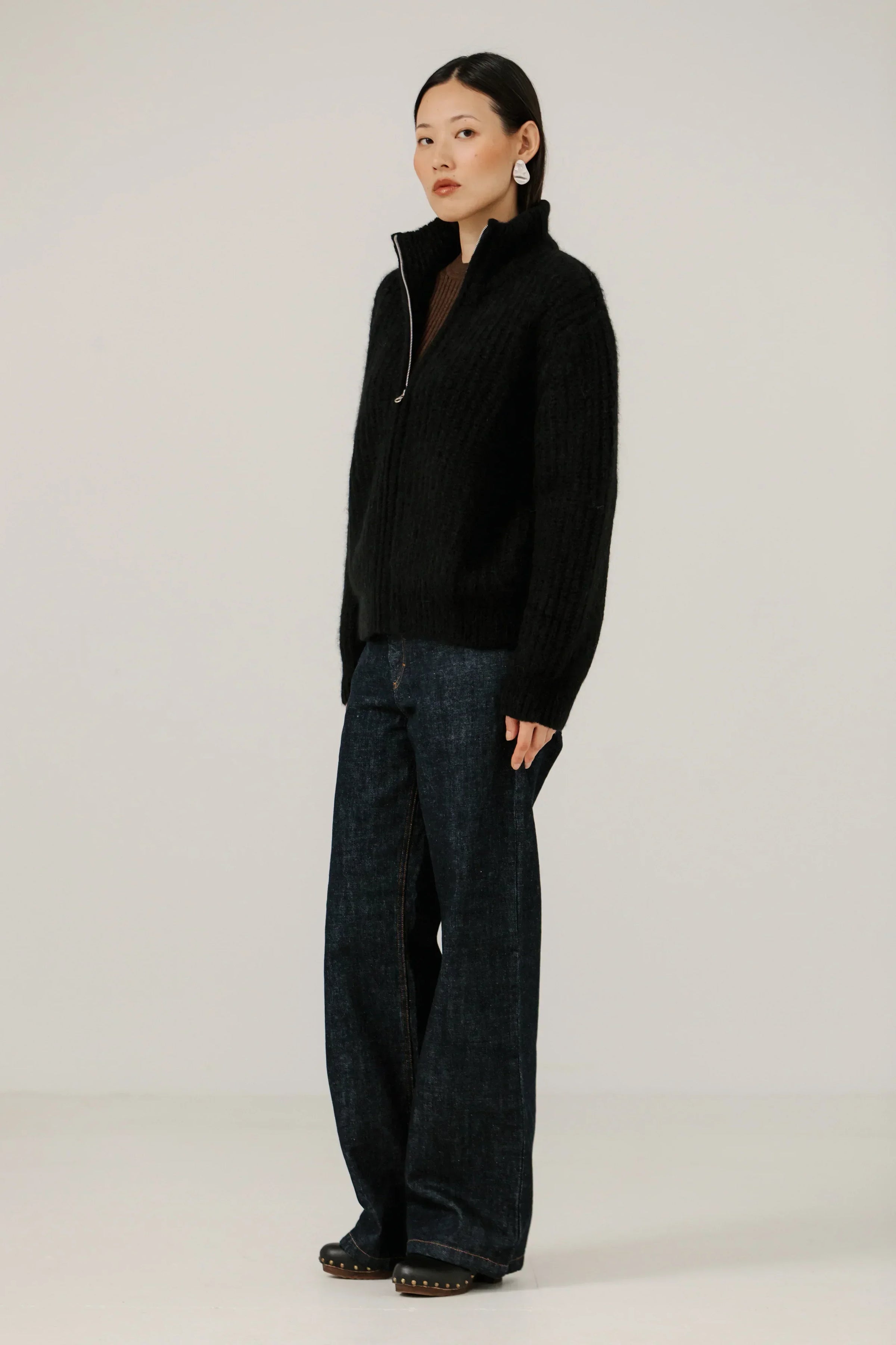 BARE Knitwear - Alpaca Rib Zip Jacket in Classic Black