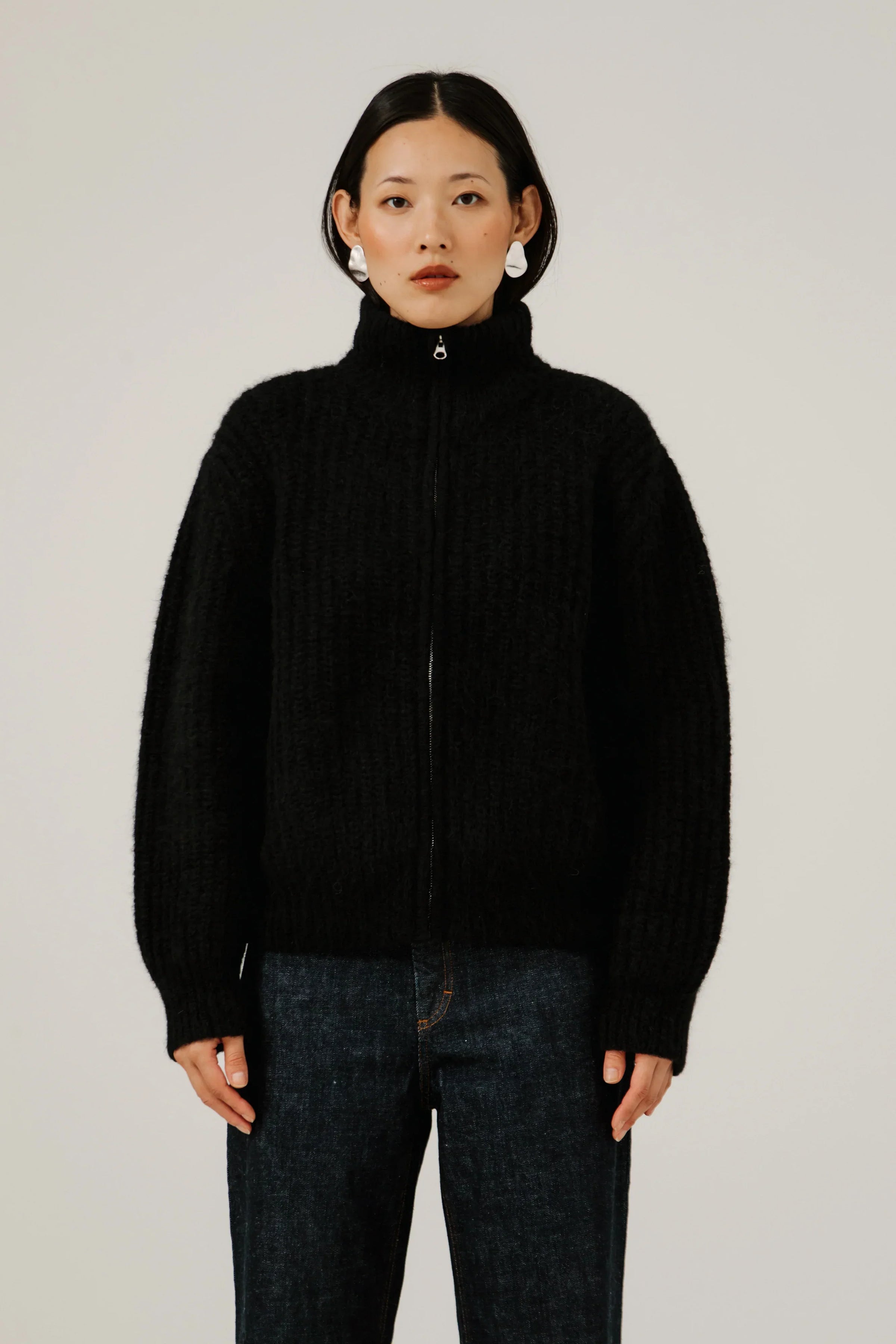 BARE Knitwear - Alpaca Rib Zip Jacket in Classic Black
