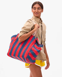Clare V. - Beach Tote in Poppy/French Blue Canvas Stripe