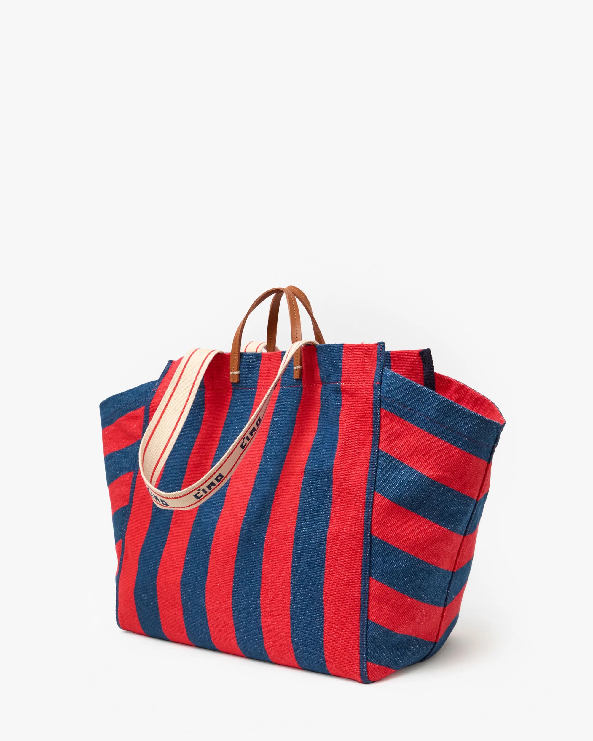 Clare V. - Beach Tote in Poppy/French Blue Canvas Stripe