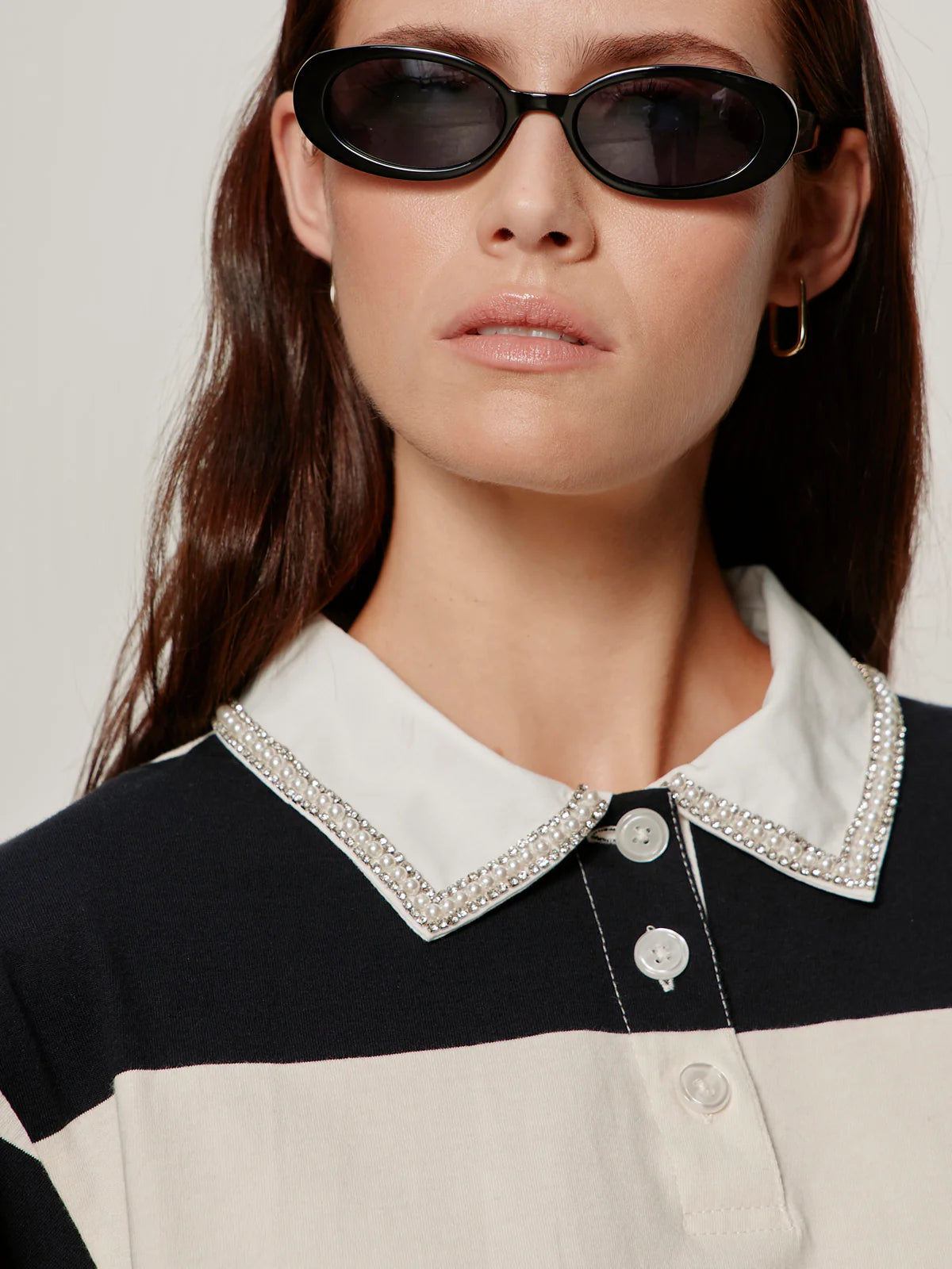 Sanctuary - Embellished Polo Tee in Collagen/Black Stripe