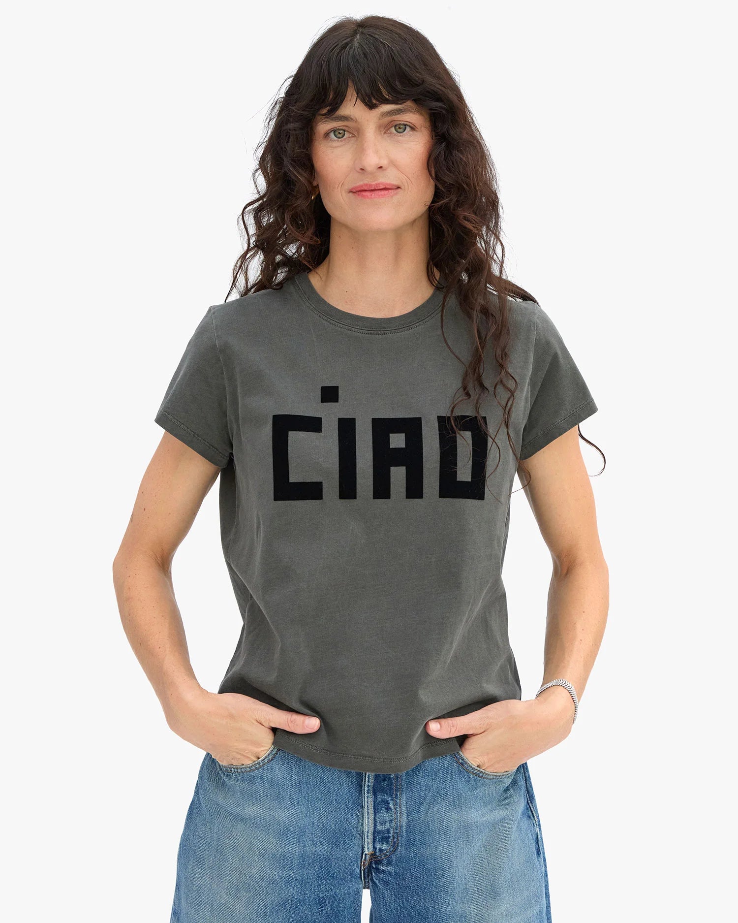 Clare V. - Classic Tee - Flocked Block Ciao in Faded Black