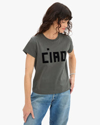 Clare V. - Classic Tee - Flocked Block Ciao in Faded Black