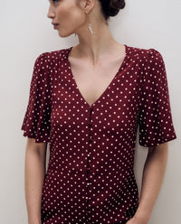 YERSE - Crepe Viscose Dress in Aubergine Dots