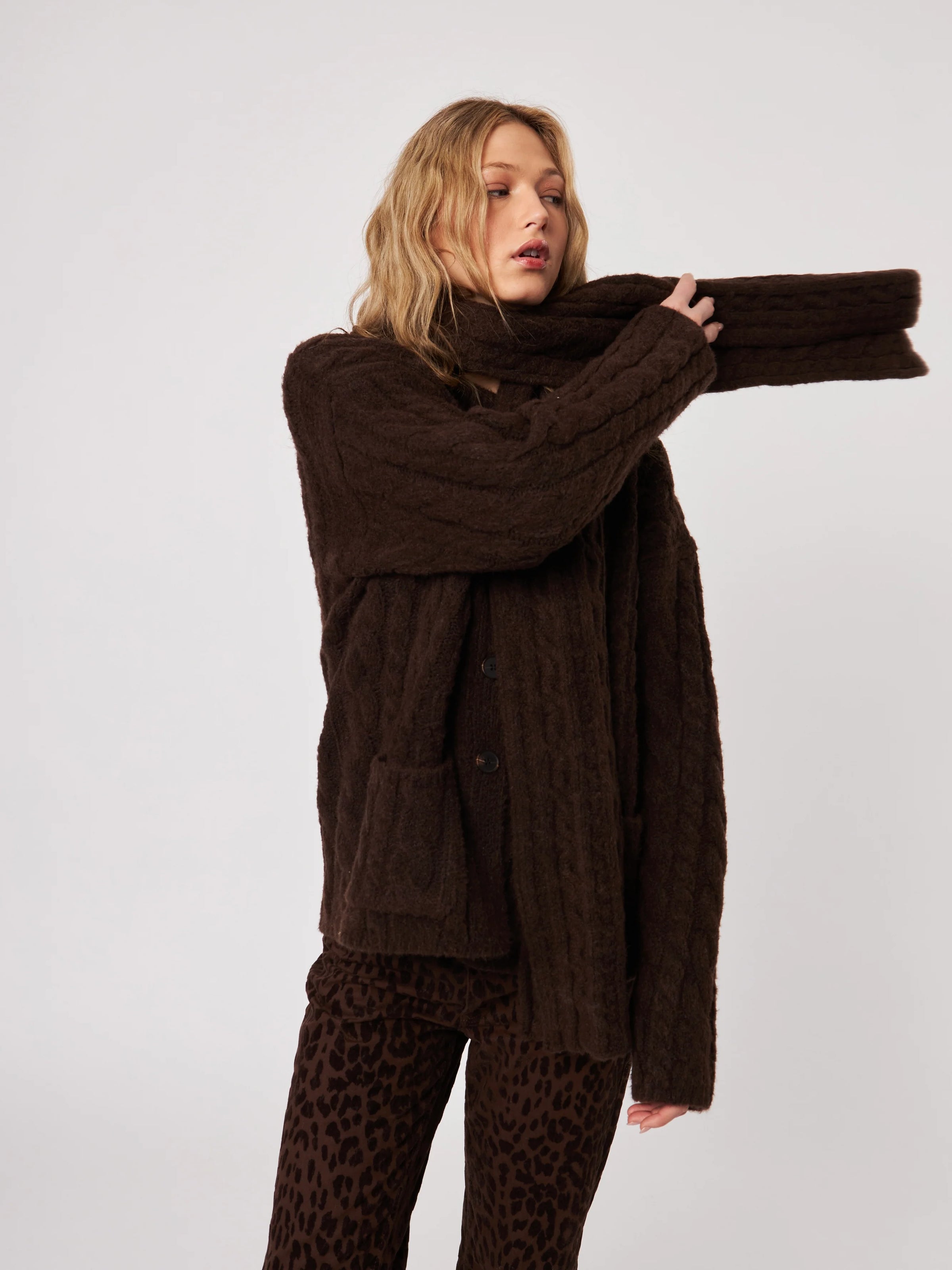 John + Jenn - Zaire Cable Knit Scarf Coatigan in Espresso