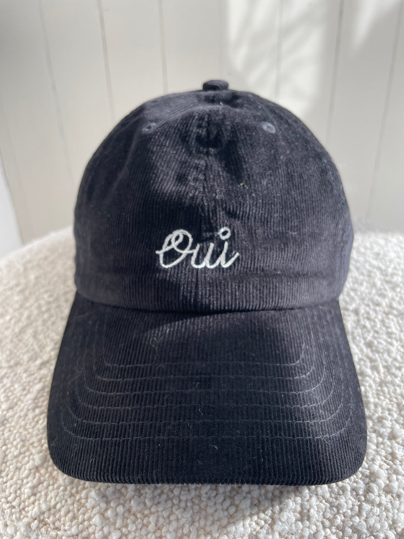 Clare V. - Corduroy Baseball Hat w/ Embroidered Oui in Black