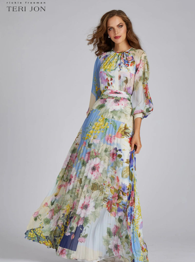 TERI JON - Patchwork Print Pleated Maxi Gown in Multi
