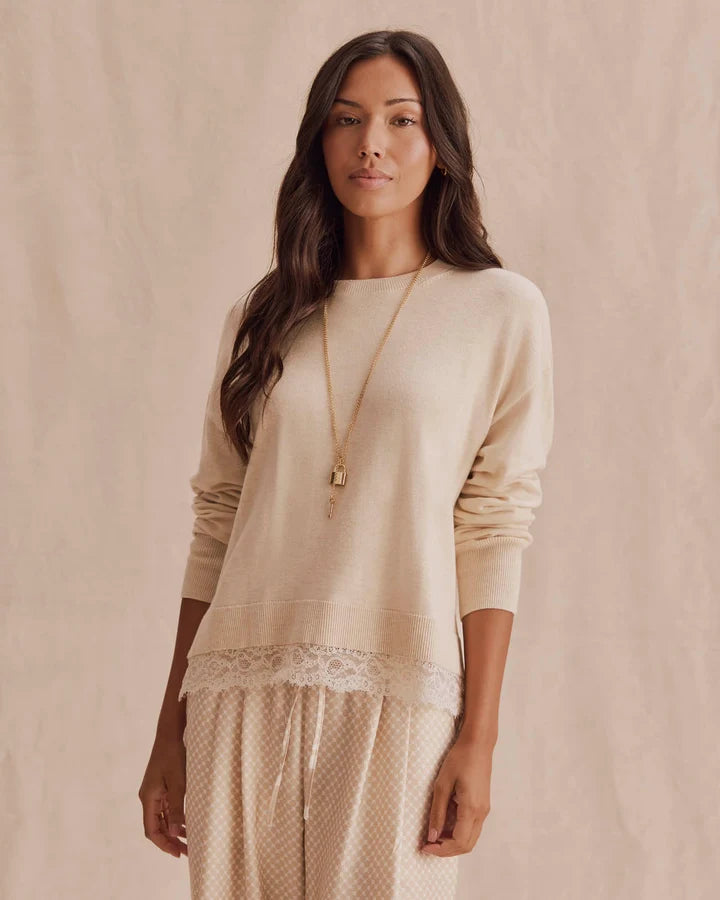 Splendid - Georgie Lace Trim Pullover in Wheat Heather