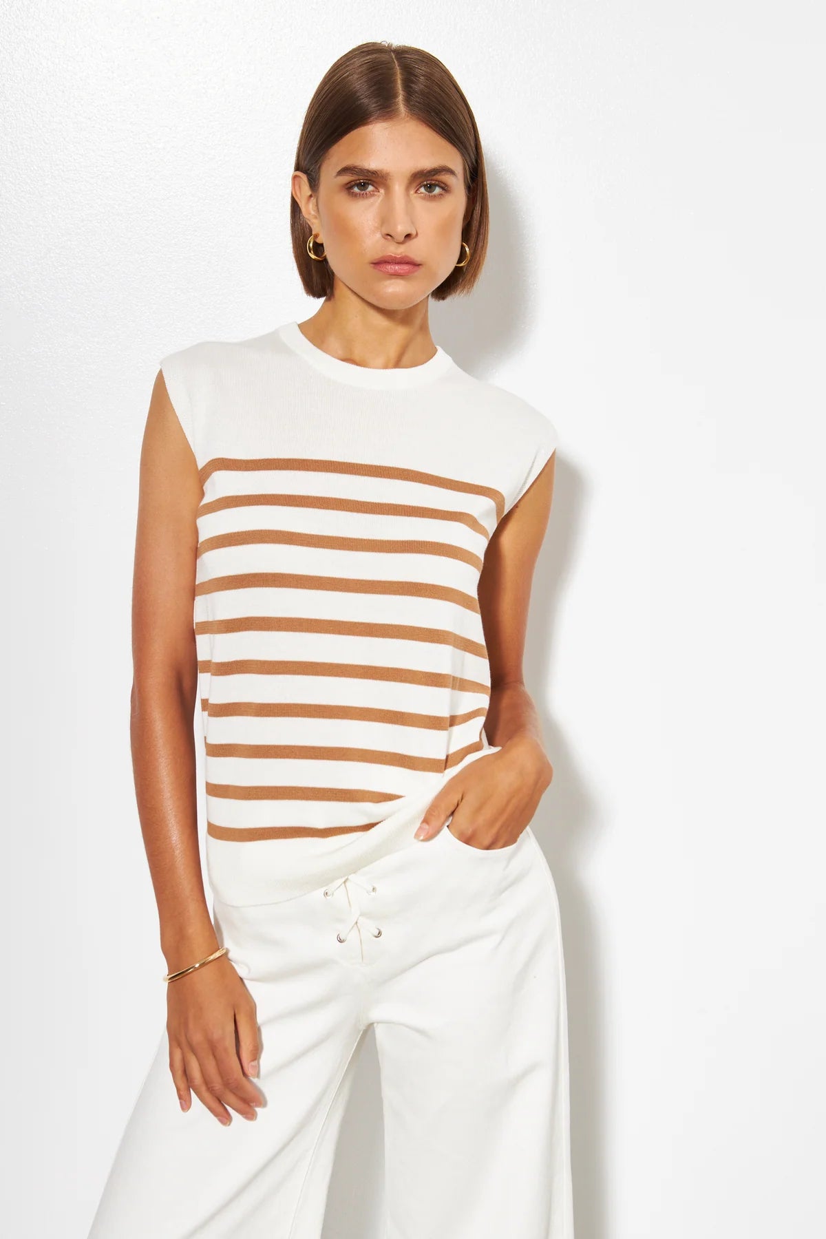 LINE Knitwear - Caro - Striped Top in Cafe Au Lait