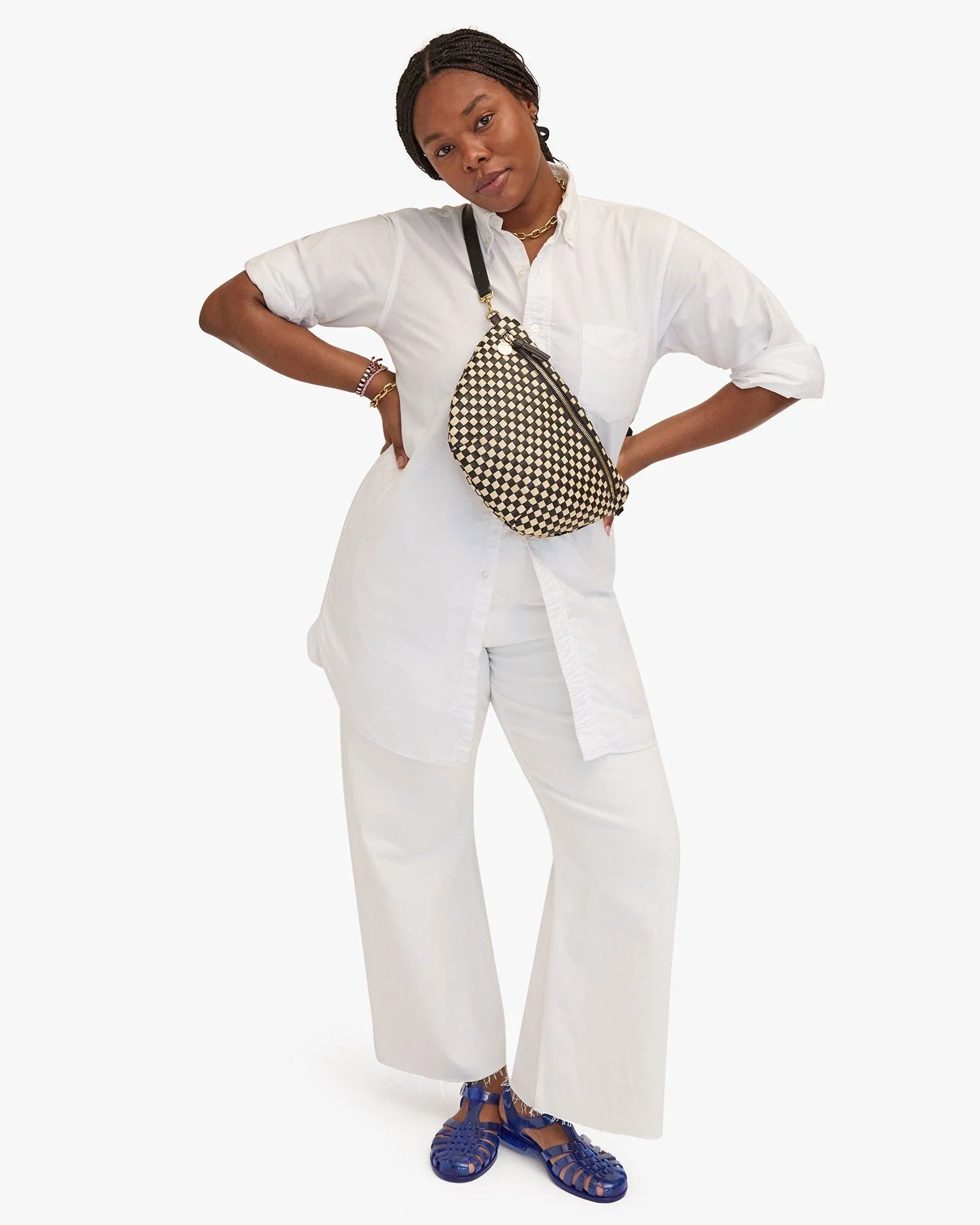 Clare V. - Grande Fanny Woven Checker in Cream/Black