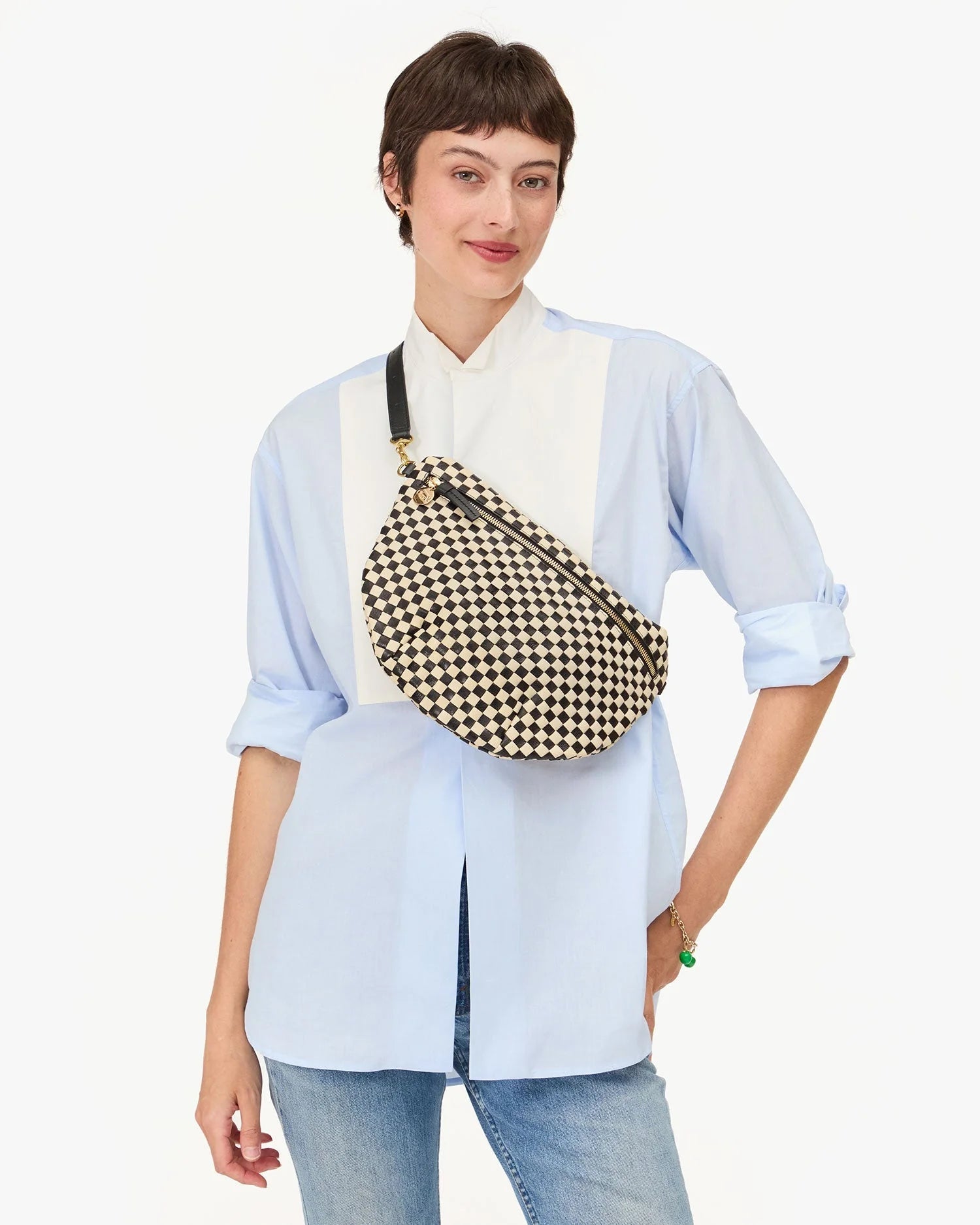 Clare V. - Grande Fanny Woven Checker in Cream/Black