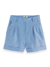 Scotch & Soda - High Rise Linen Shorts in Blue and White Pin Stripe