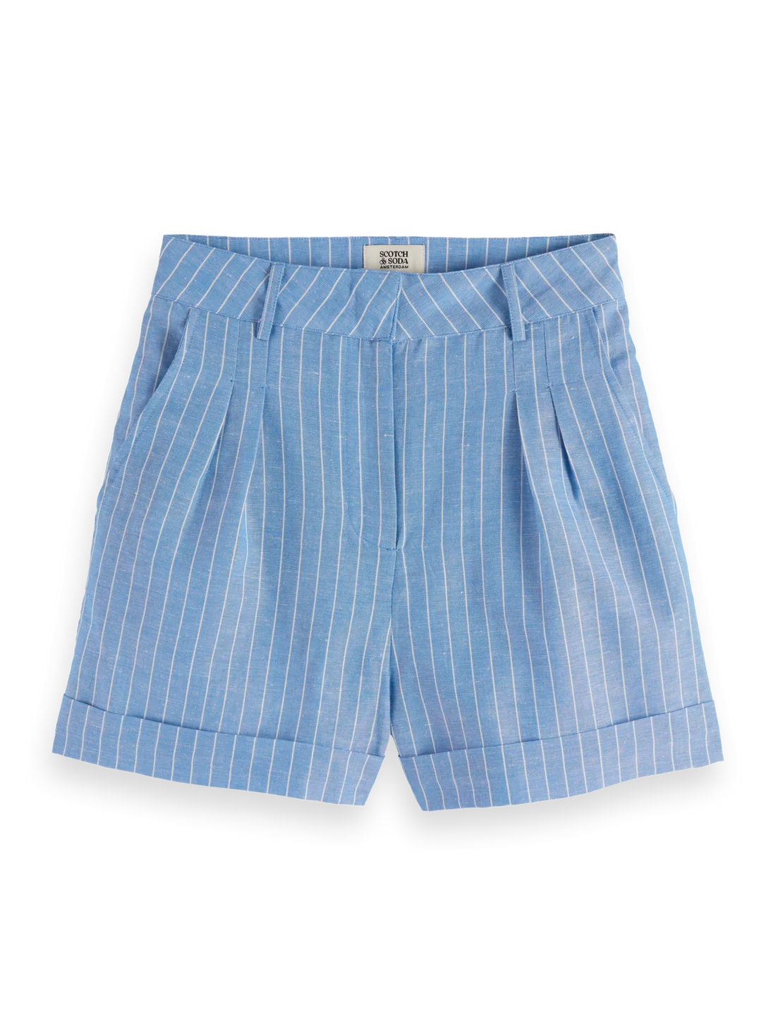 Scotch & Soda - High Rise Linen Shorts in Blue and White Pin Stripe