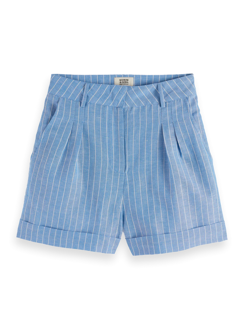 Scotch & Soda - High Rise Linen Shorts in Blue and White Pin Stripe