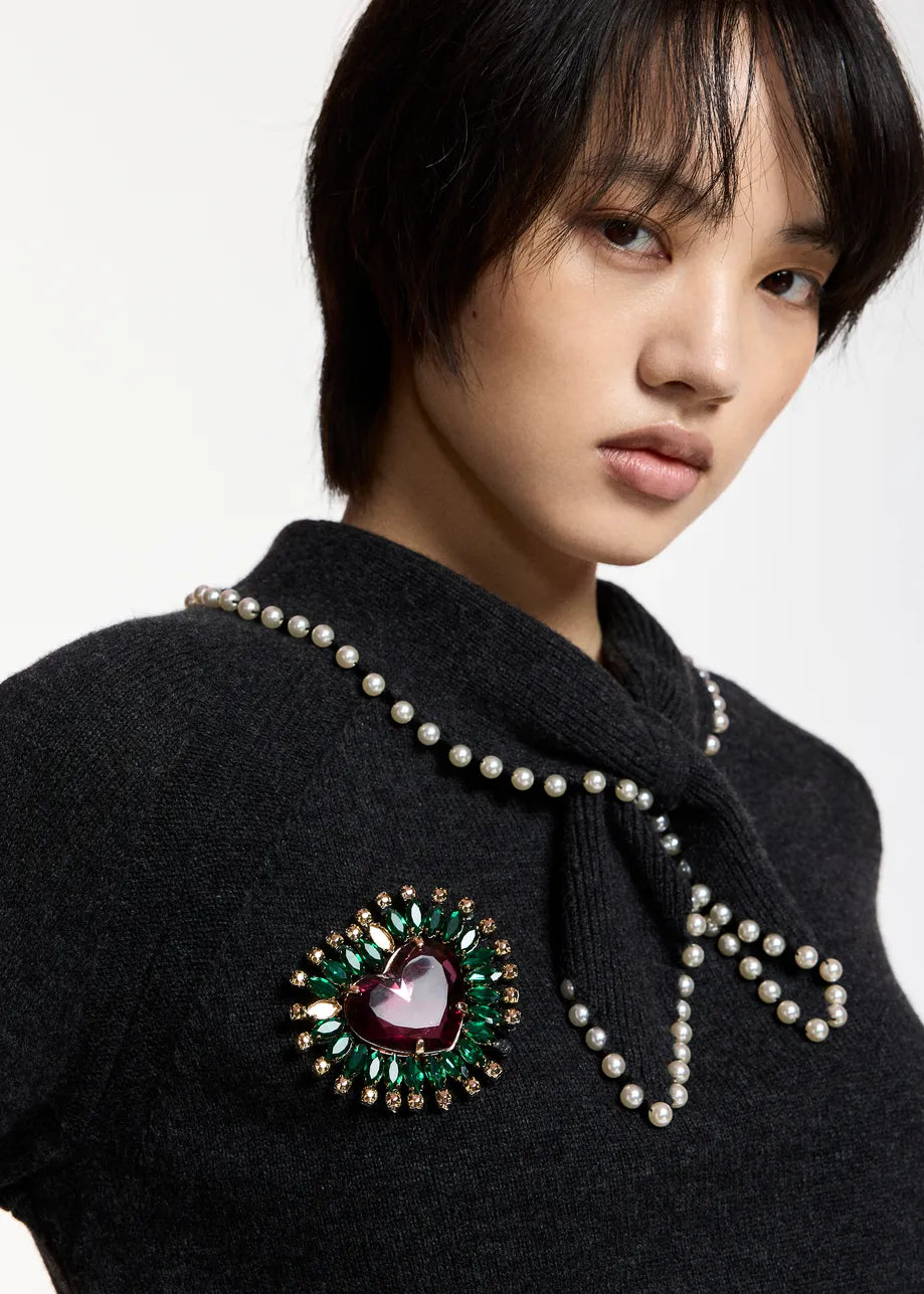 Essentiel Antwerp - Heart Rhinestone Brooch in Forest Whisper