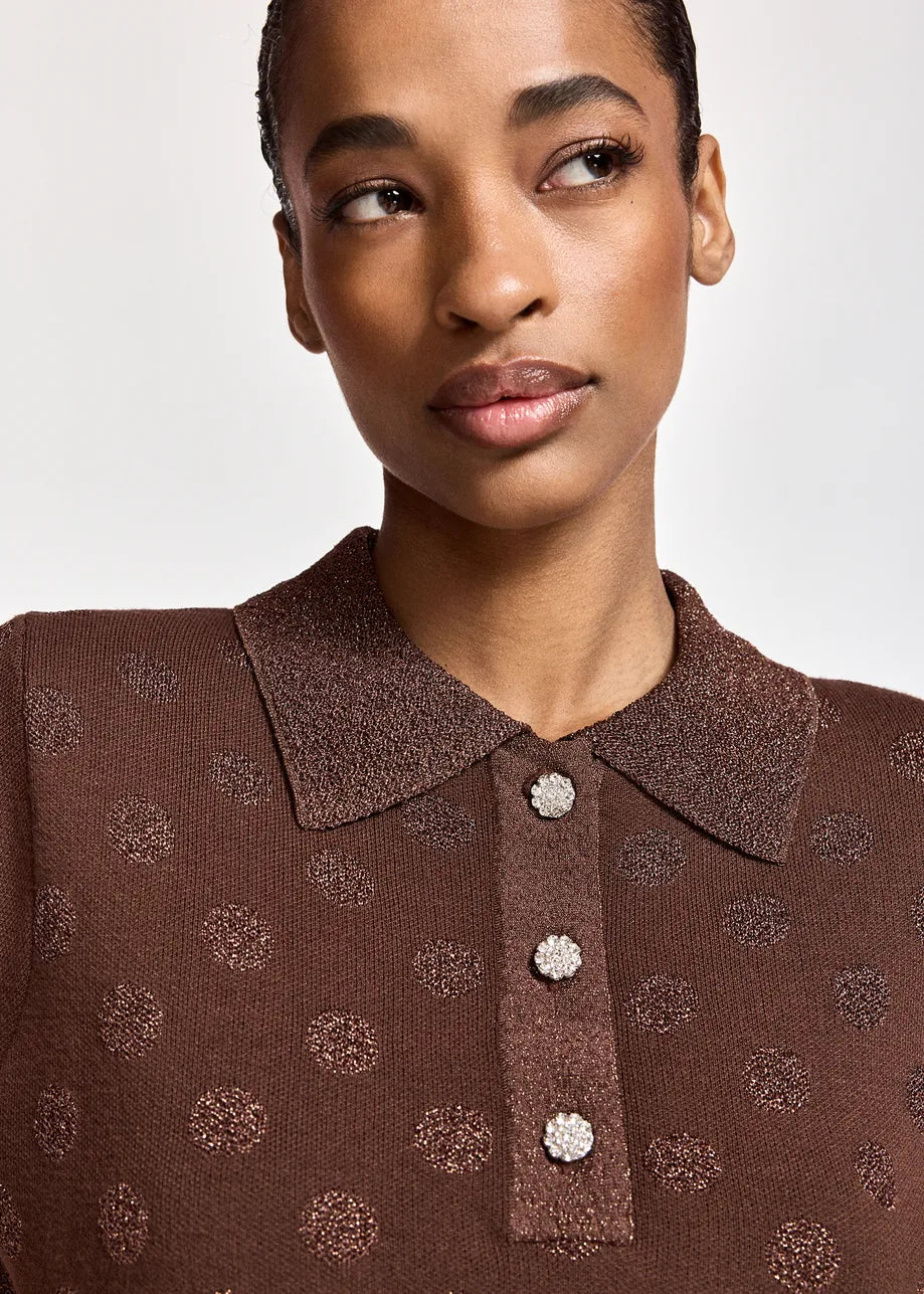 Essentiel Antwerp - Krab Lurex Dotted Polo Top in Bear Me