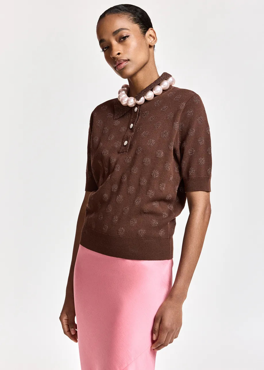 Essentiel Antwerp - Krab Lurex Dotted Polo Top in Bear Me