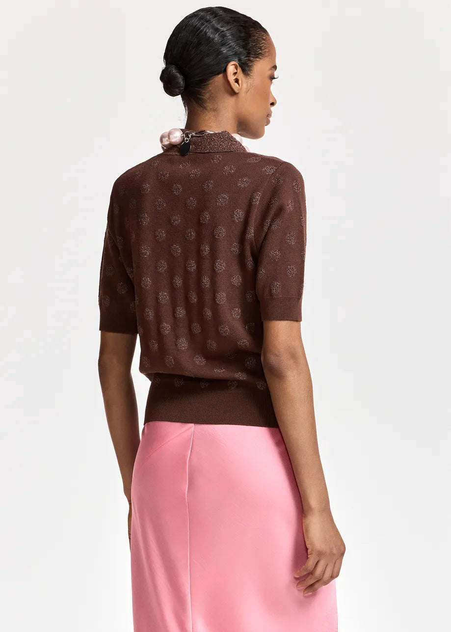 Essentiel Antwerp - Krab Lurex Dotted Polo Top in Bear Me