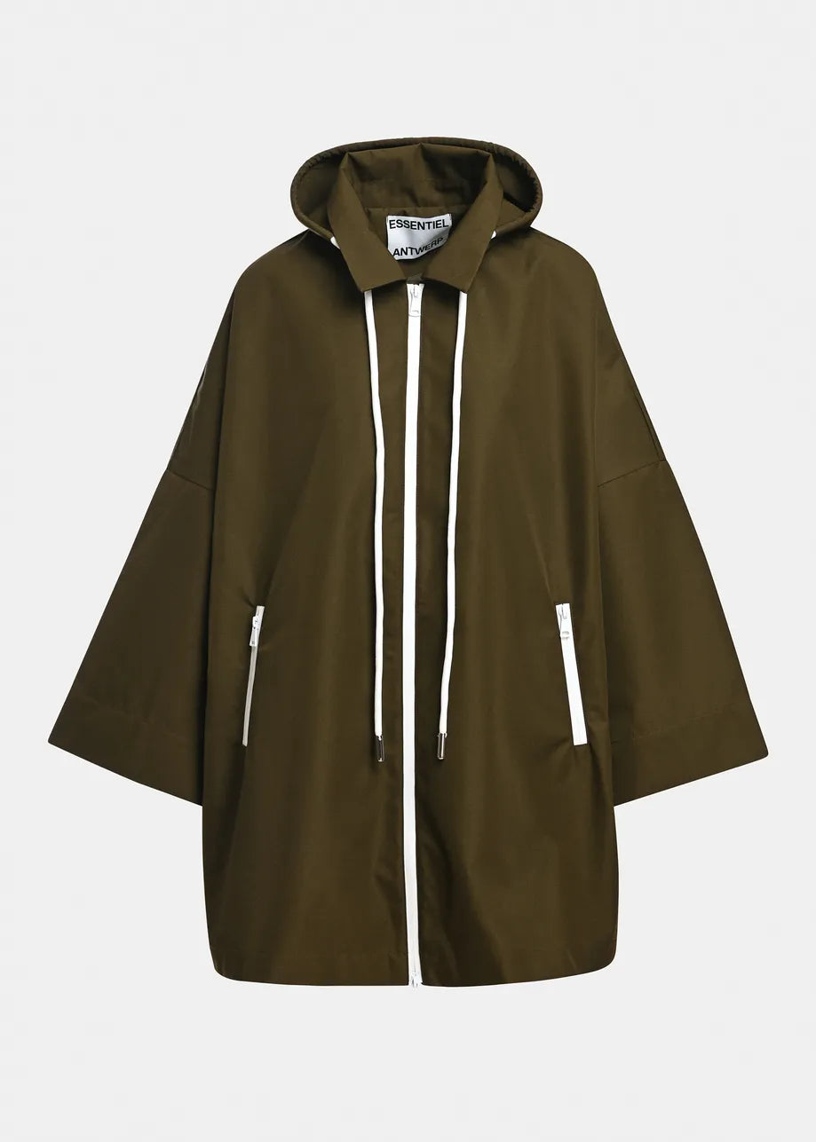 Essentiel Antwerp - Krimson Oversized Hooded Rain Coat in Dusty Green