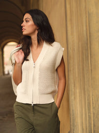 YAYA - Sleeveless Mesh Knit Cardigan in Creme Beige