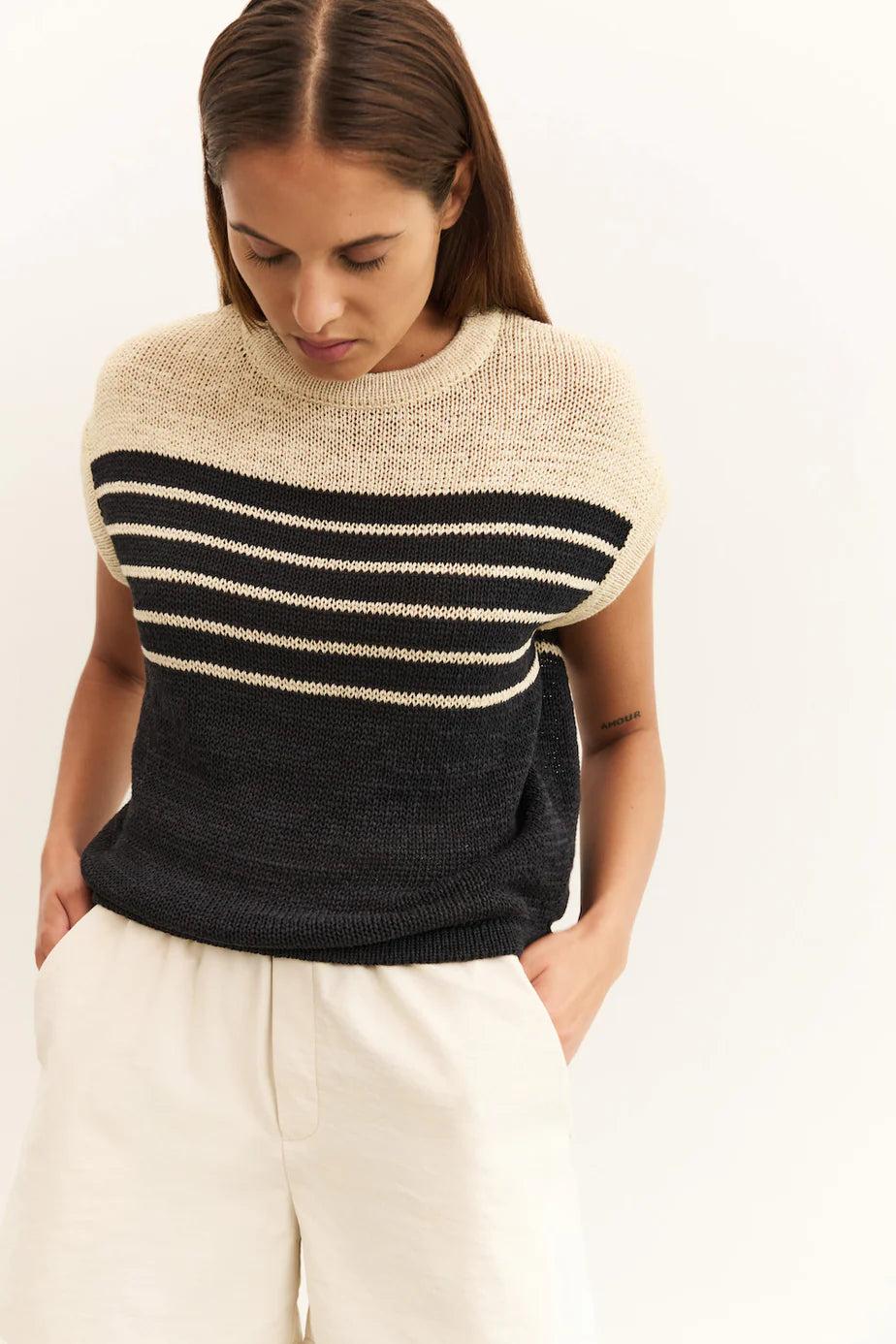 YAYA - Sleeveless Striped Tape Yarn Sweater in Summer Sand