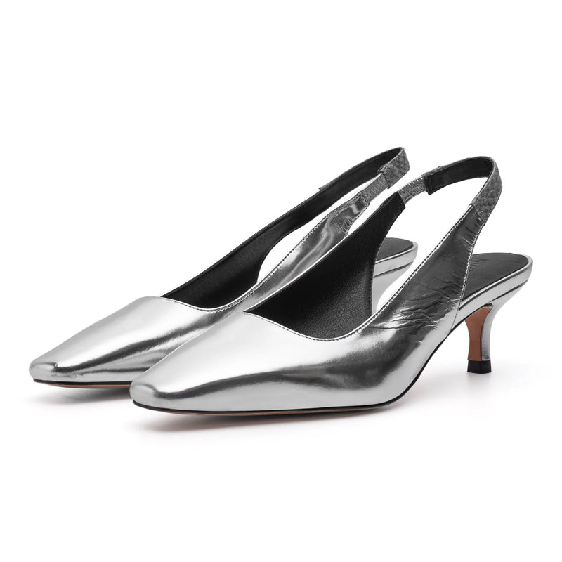 Woden/Shoe The Bear - Maxine Slingback Leather Heel in Silver Metallic