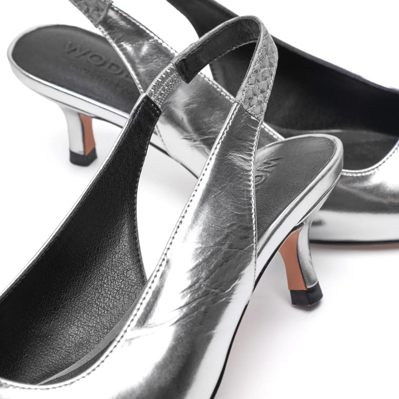 Woden/Shoe The Bear - Maxine Slingback Leather Heel in Silver Metallic