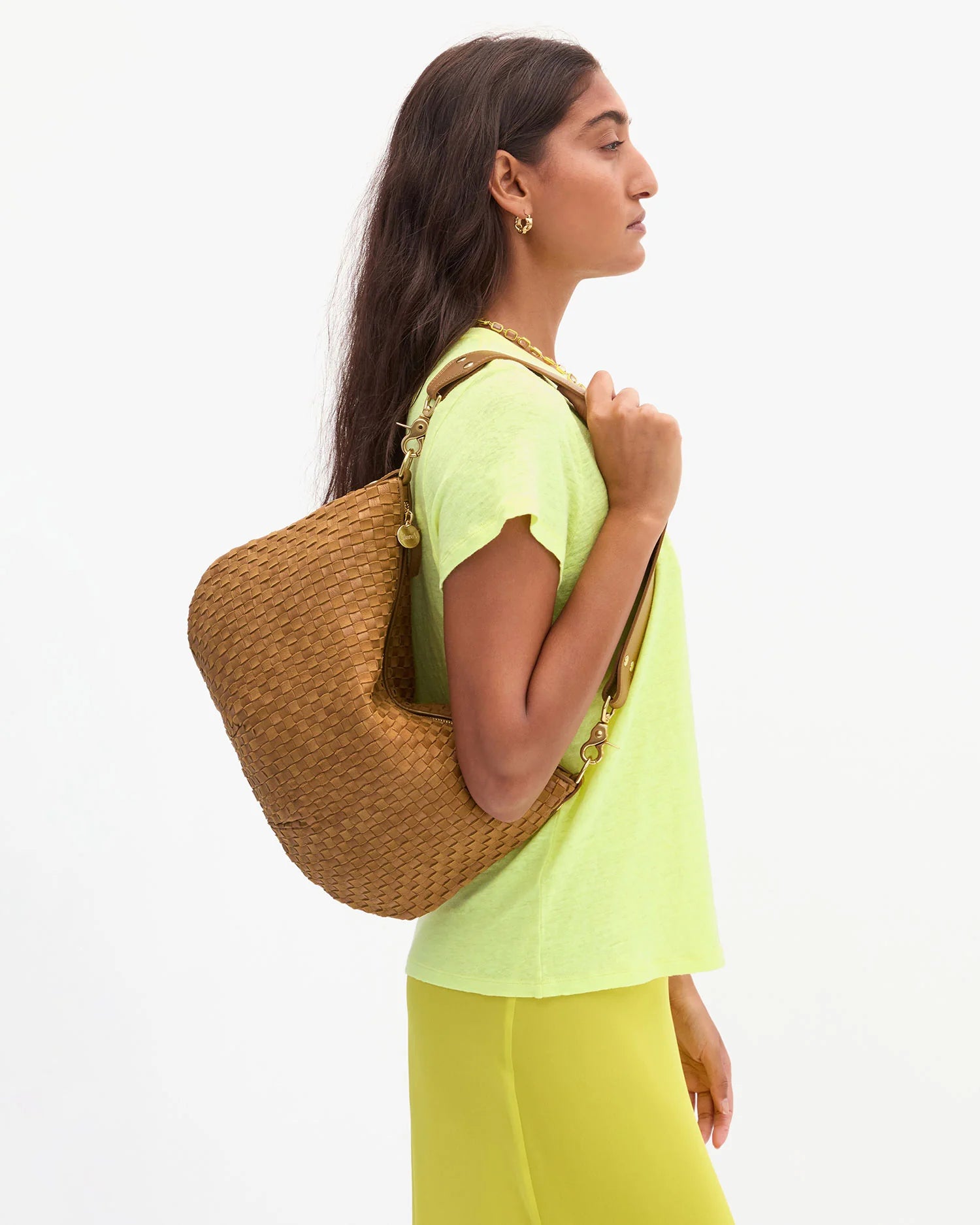Clare V. - Moyen Messenger in Leather & Suede Woven Checker Sequioa