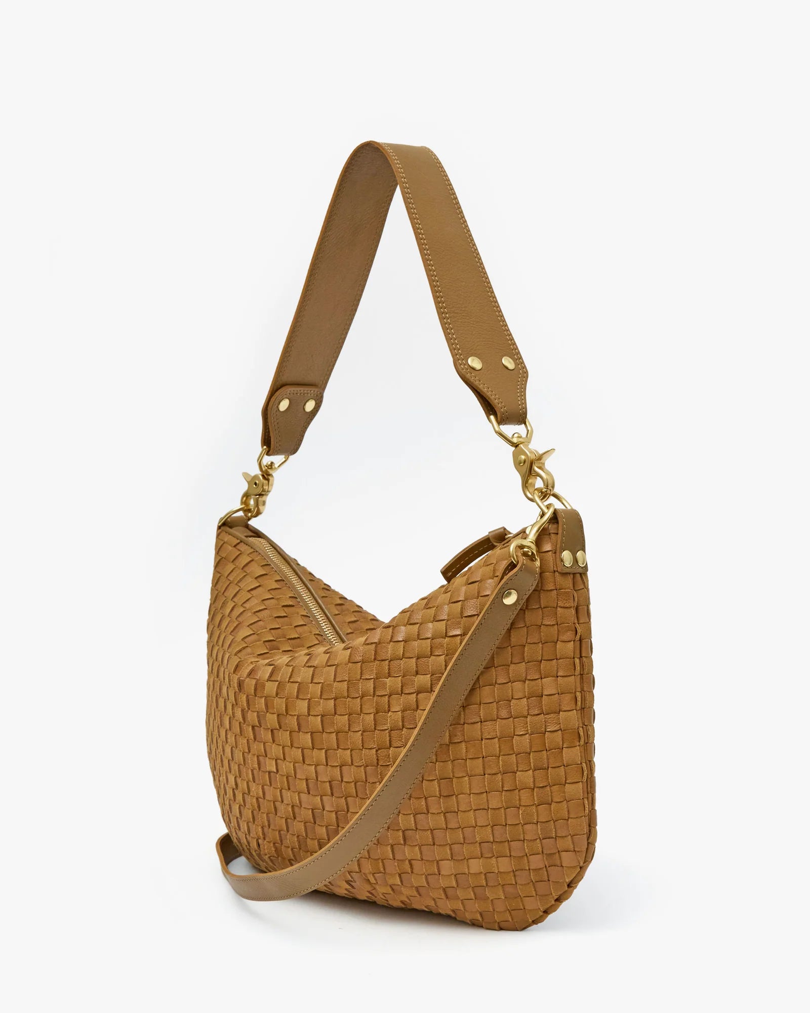 Clare V. - Moyen Messenger in Leather & Suede Woven Checker Sequioa