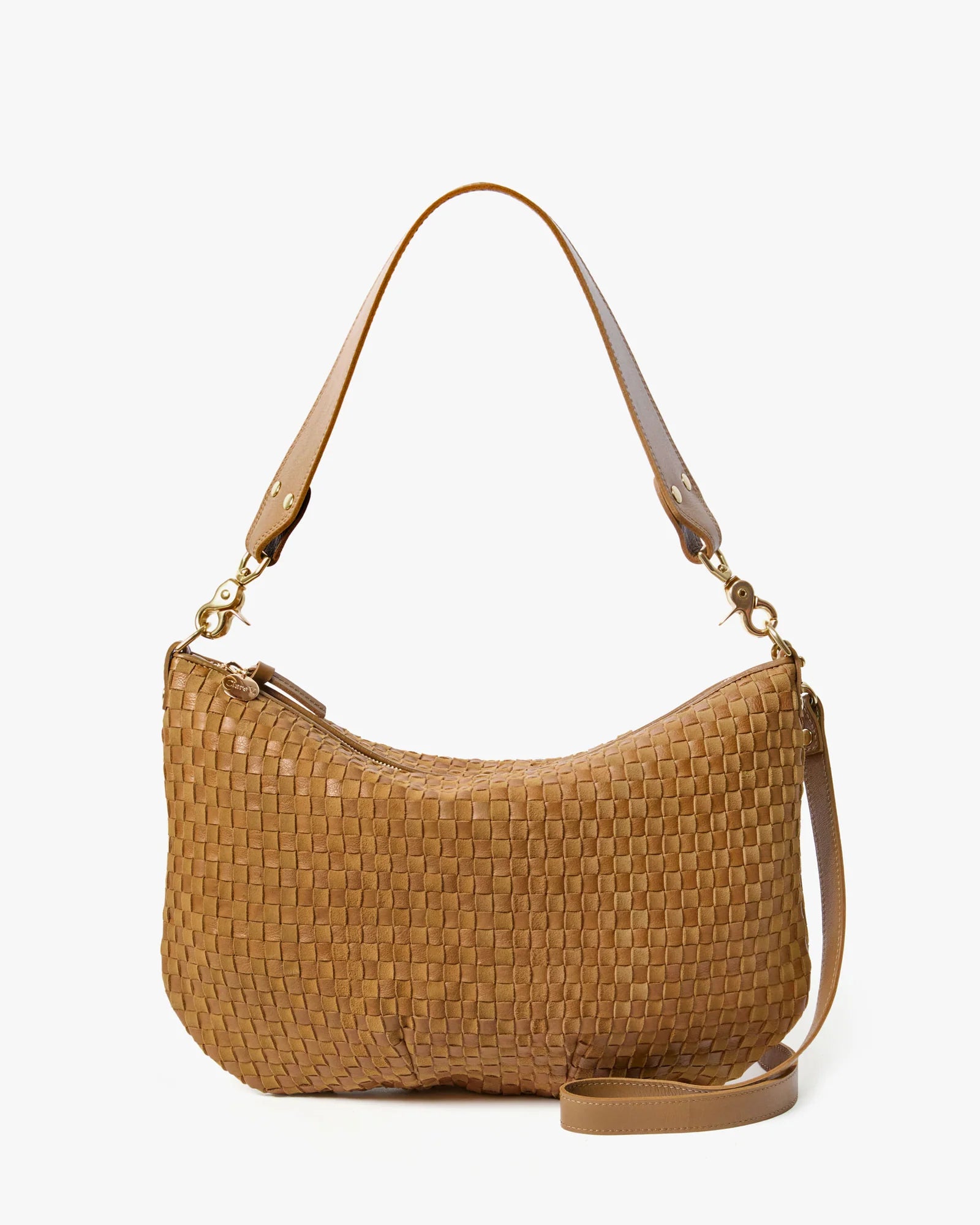 Clare V. - Moyen Messenger in Leather & Suede Woven Checker Sequioa