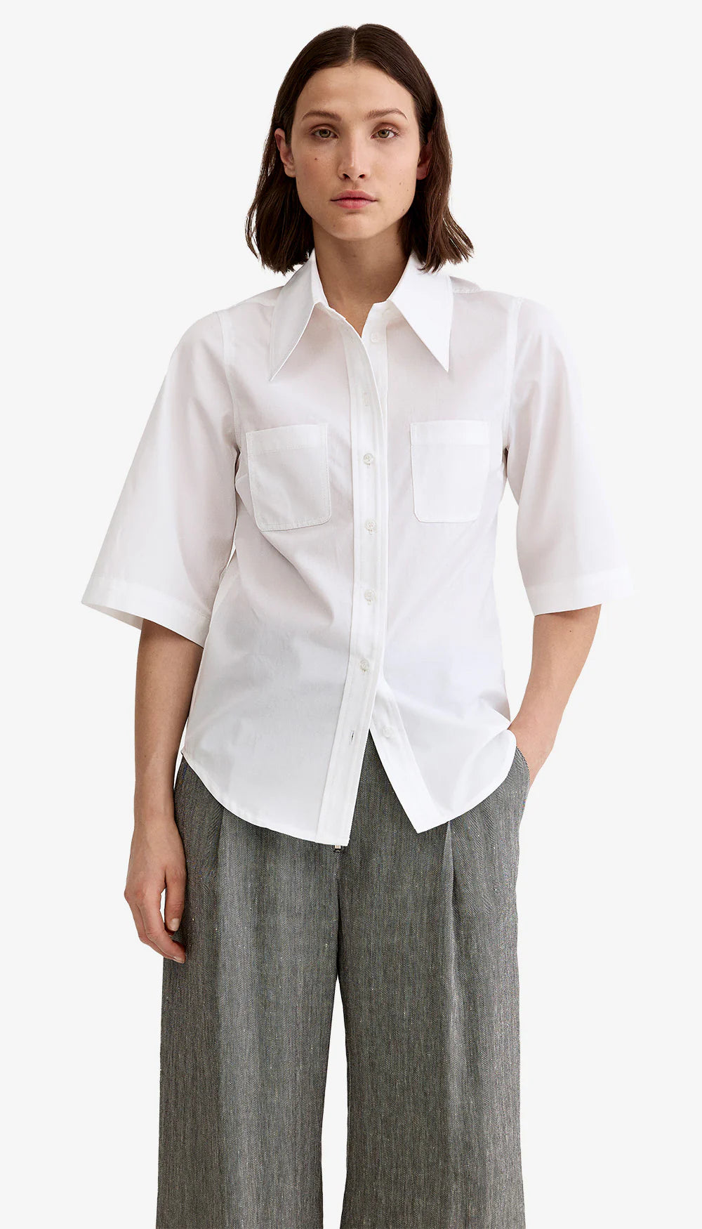 Smythe - 3/4 Sleeve Point Collar Shirt in White