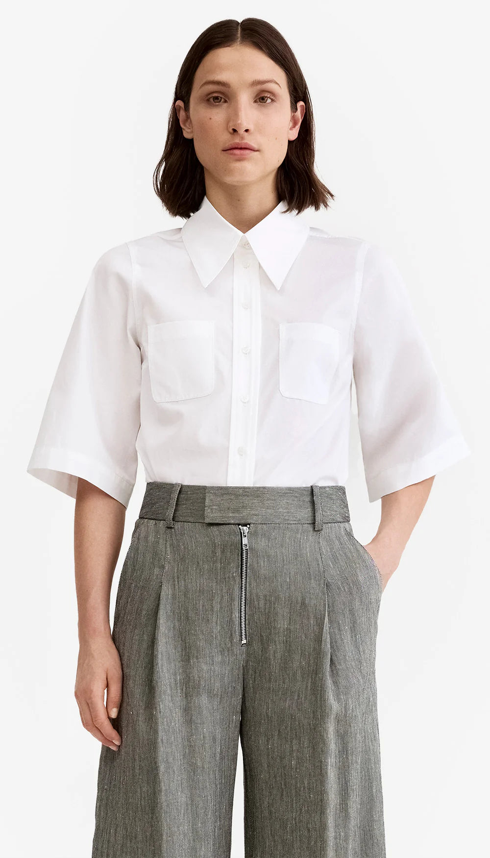 Smythe - 3/4 Sleeve Point Collar Shirt in White