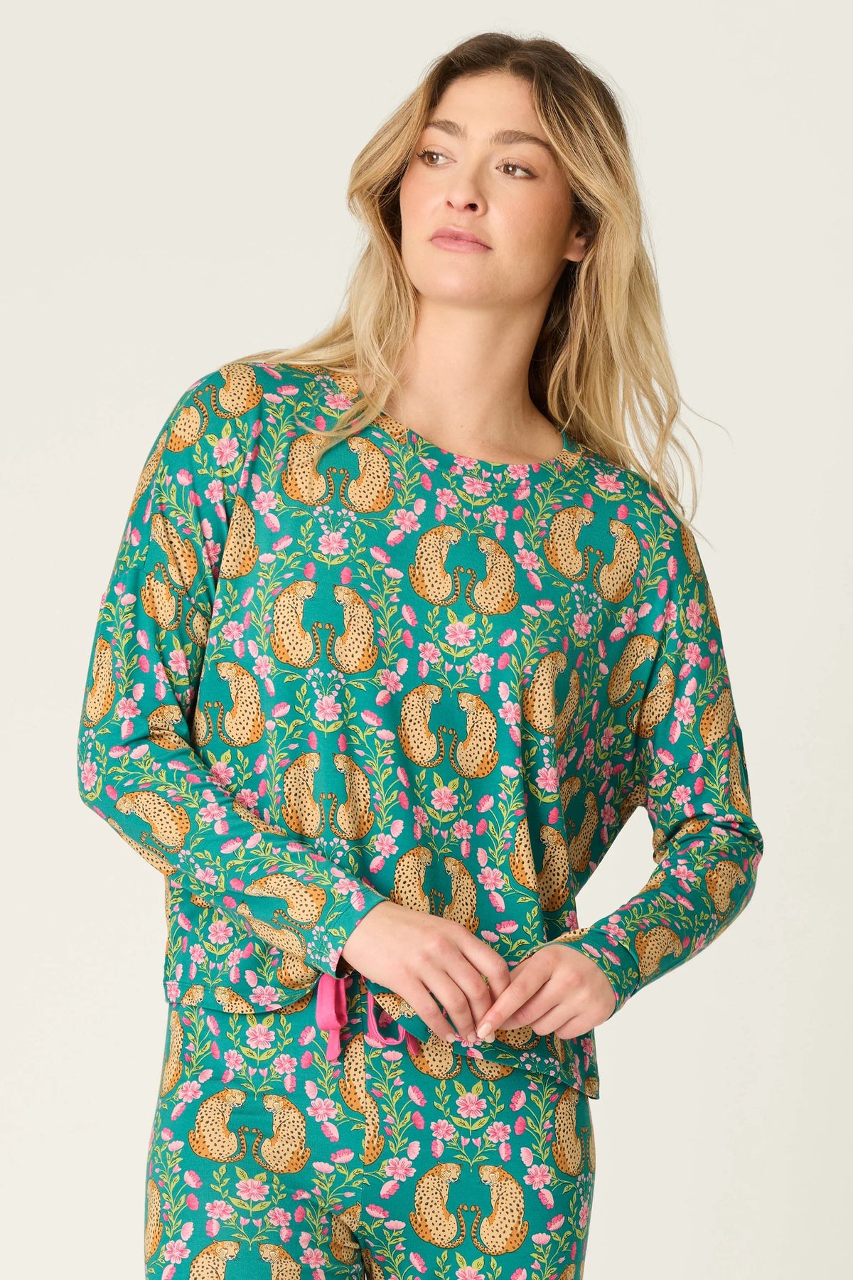P.J. Salvage - Cheetah Bonita Dreams Long Sleeve Top in Teal Blue