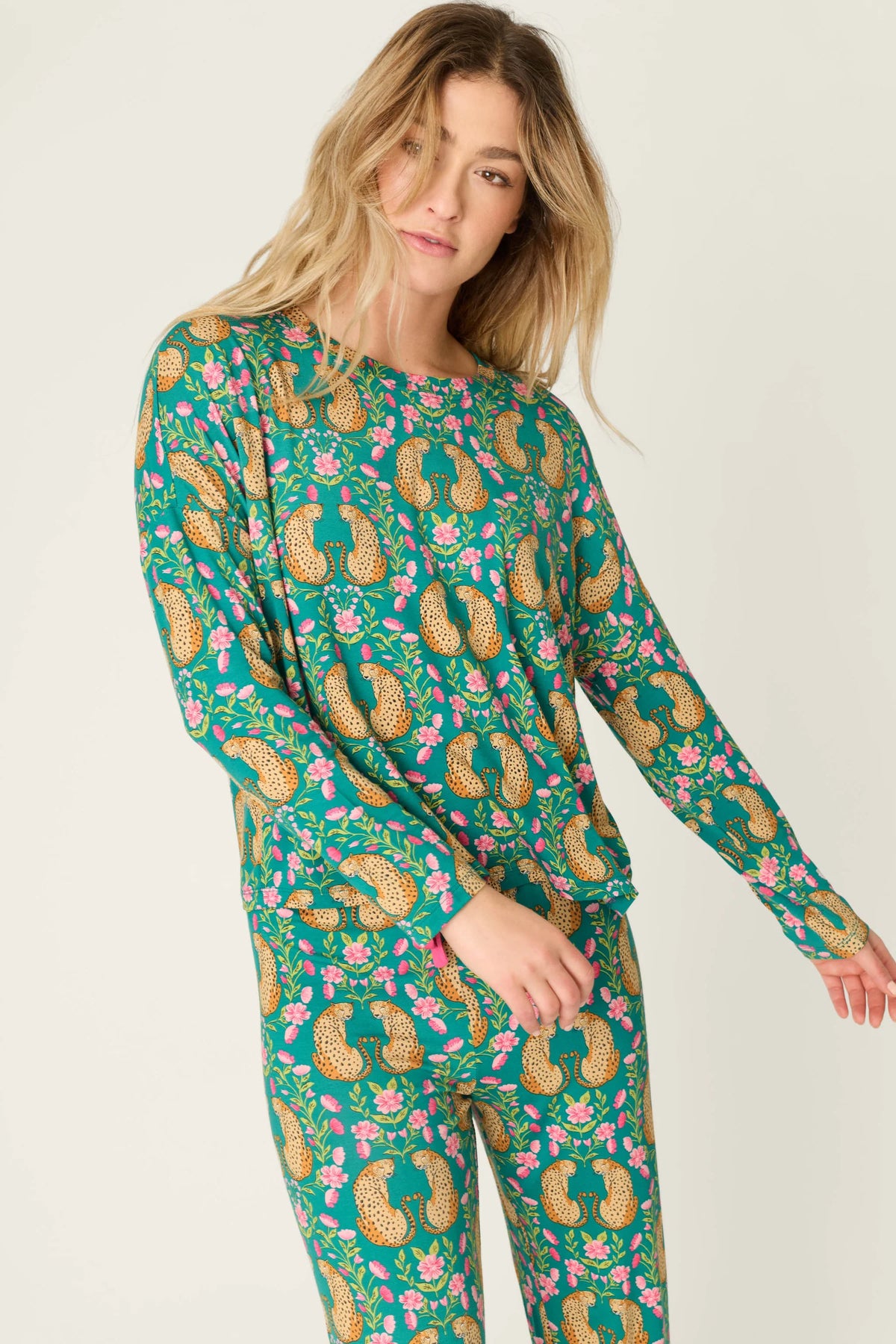 P.J. Salvage - Cheetah Bonita Dreams Long Sleeve Top in Teal Blue