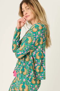 P.J. Salvage - Cheetah Bonita Dreams Long Sleeve Top in Teal Blue