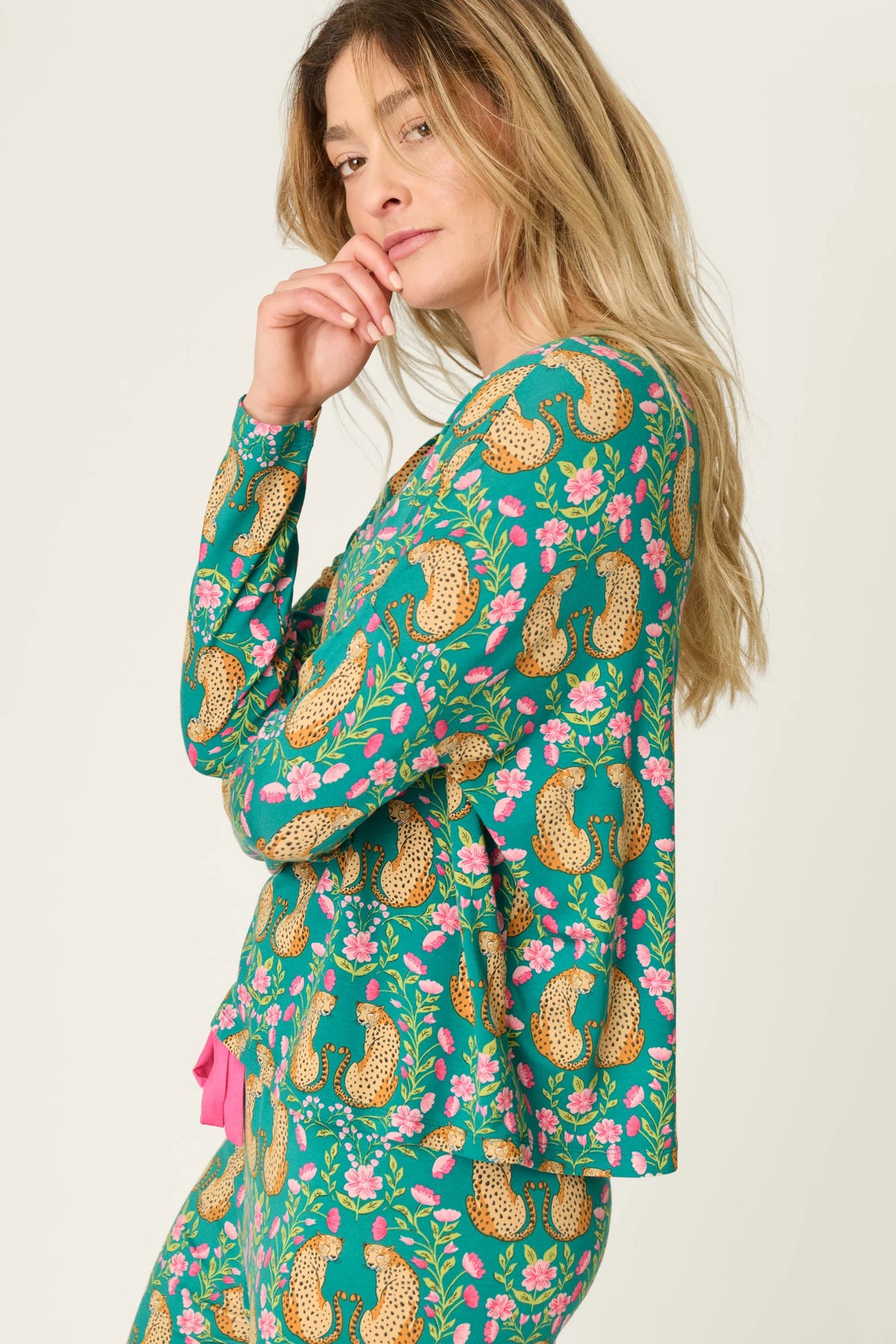 P.J. Salvage - Cheetah Bonita Dreams Long Sleeve Top in Teal Blue