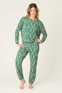P.J. Salvage - Cheetah Bonita Dreams Long Sleeve Top in Teal Blue