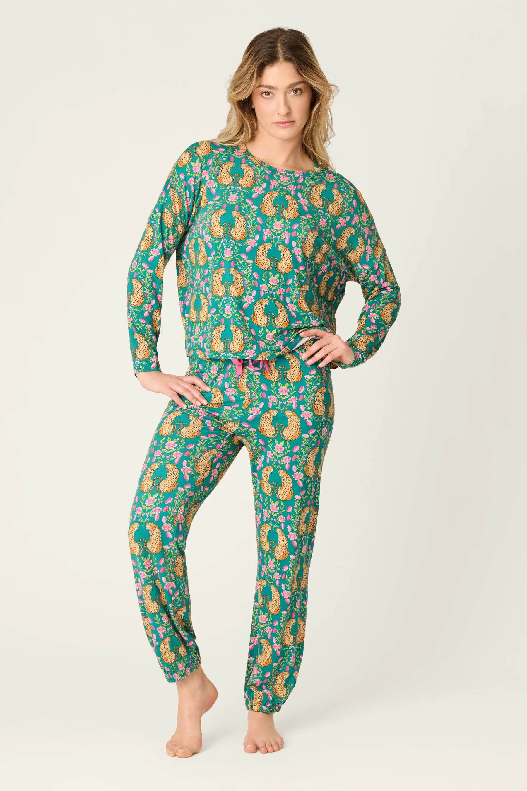 P.J. Salvage - Cheetah Bonita Dreams Long Sleeve Top in Teal Blue