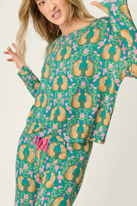 P.J. Salvage - Cheetah Bonita Dreams Long Sleeve Top in Teal Blue