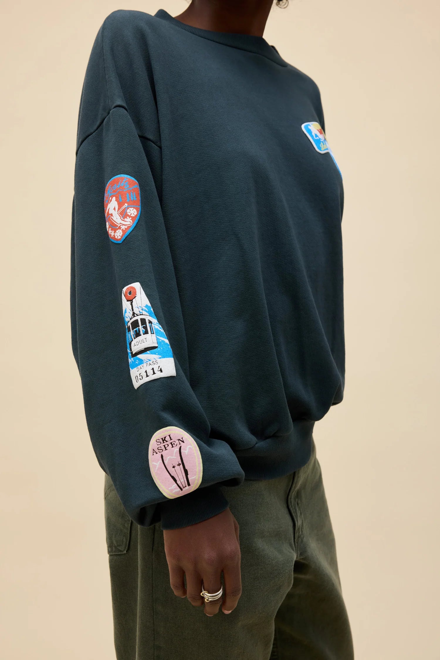 DAYDREAMER - Ski Patch & Pass Collector Oversized Sweatshirt in Washed Black