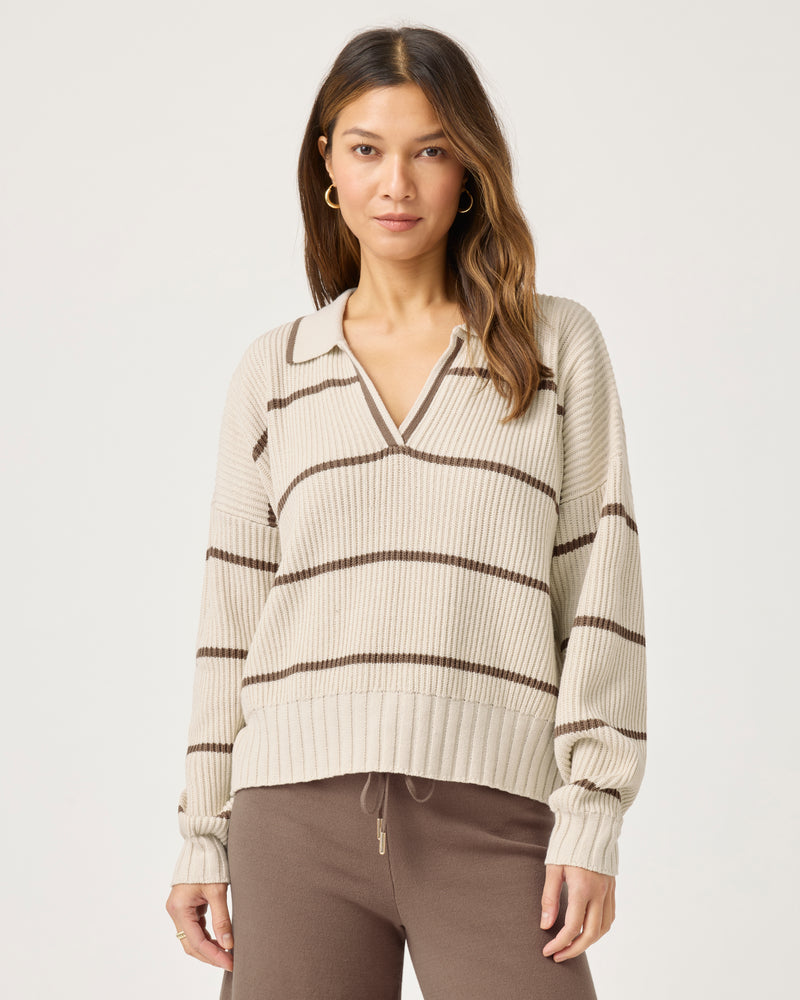 Splendid - Cella Jane Collection - Stripe Polo Sweater in Pearl/Hazelnut