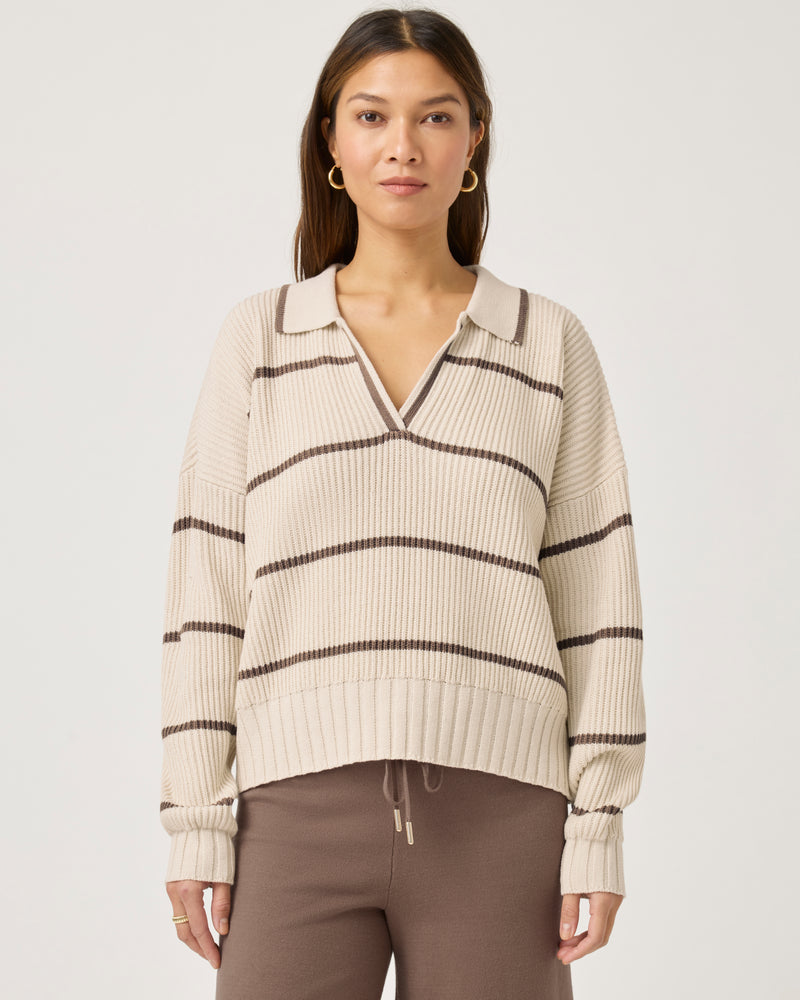 Splendid - Cella Jane Collection - Stripe Polo Sweater in Pearl/Hazelnut